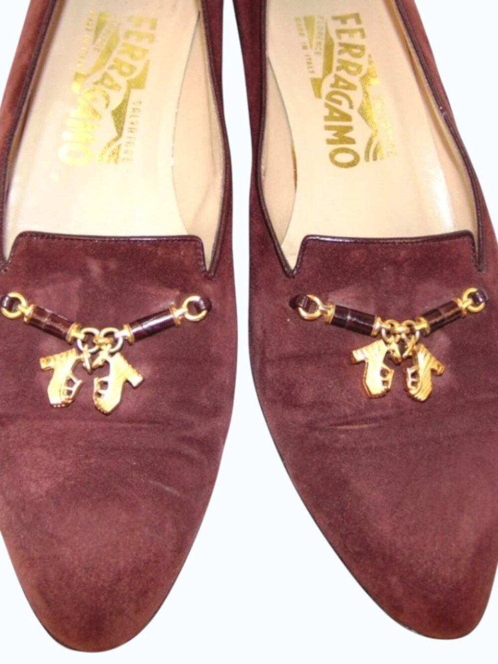 Vintage Salvatore Ferragamo Suede Loafers Brown Gold Charm Shoes 8.5 AAA Italy